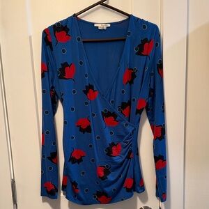 Boden Women's  Blue Faux Wrap Blouse with Red Floral Design